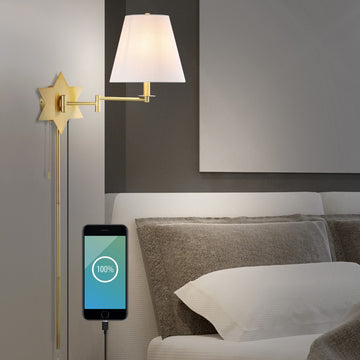 David 18.5" Modern French Country Swing Arm Plug-In or Hardwired Iron LED Star Wall Sconce with Pull-Chain and USB Charging Port - JONATHAN Y